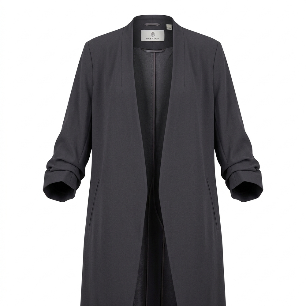 Babaton dark grey long open-front jacket with draped lapels, ruched sleeves, and
